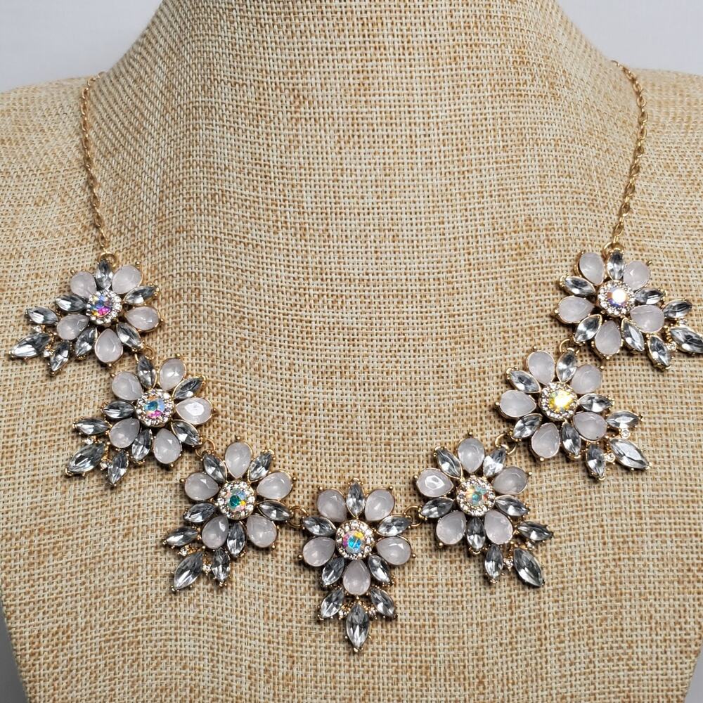 Vintage Necklace Statement Faux Diamond Flowers 16 Inch
